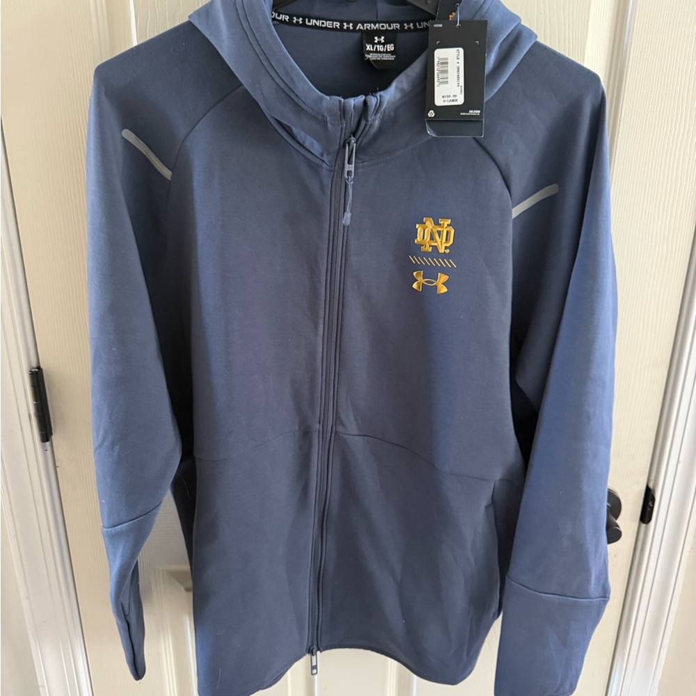 NWT Under Armour Steel Navy & Gold Notre Dame Full-Zip Hooded Sweatshirt Jacket